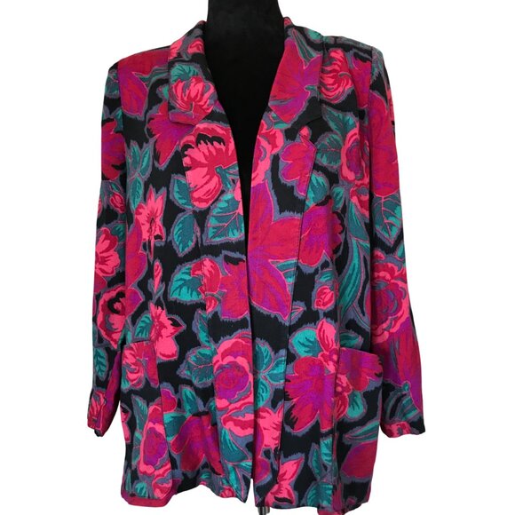Leslie Fay Floral Blazer: Vintage Jacket w/Union Label, Red Purple Green Size 14 - Picture 5 of 11